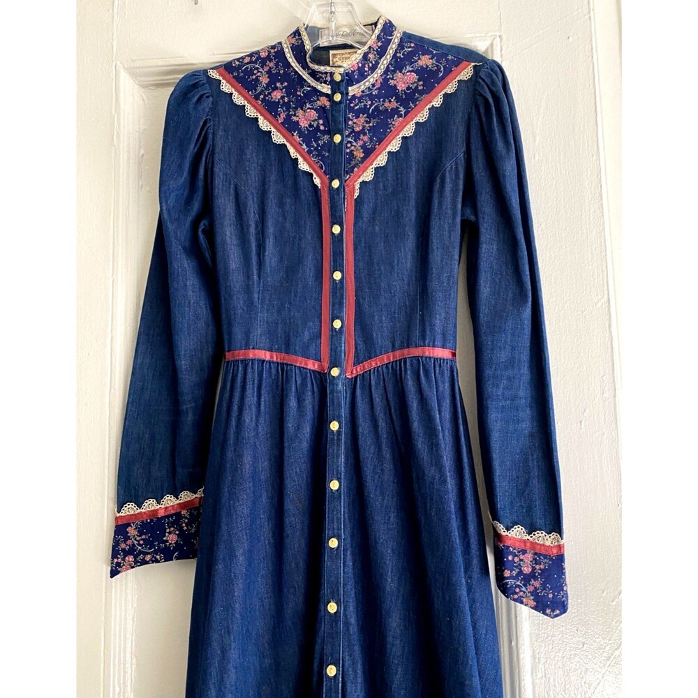 Vtg 70s Gunne Sax Denim Prairie Dress Saks Fifth Ave Jessica McClintock size 11